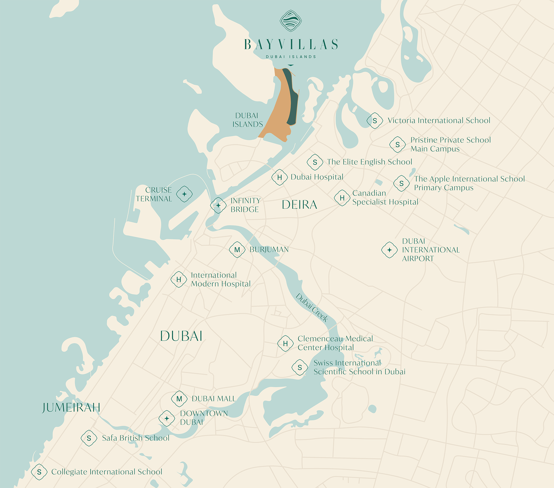 Map showing the location of Bay Villas on Dubai Islands, highlighting connectivity to main Dubai landmarks and waterfront access